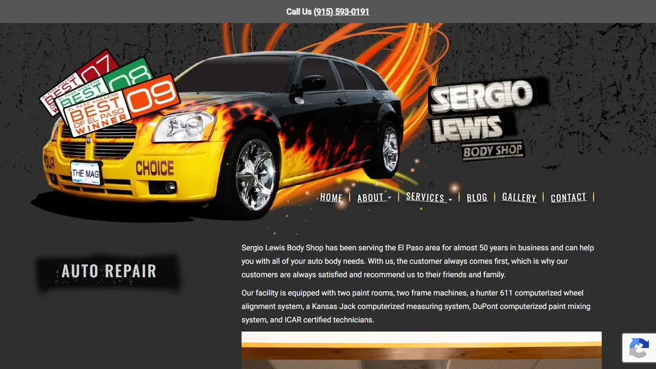 Their site, September 2026: Sergio Lewis Body Shop, desktop