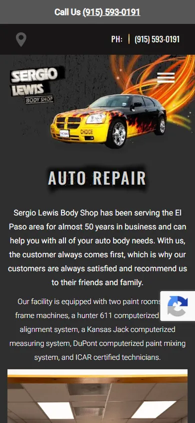Their site, September 2026: Sergio Lewis Body Shop, on a phone