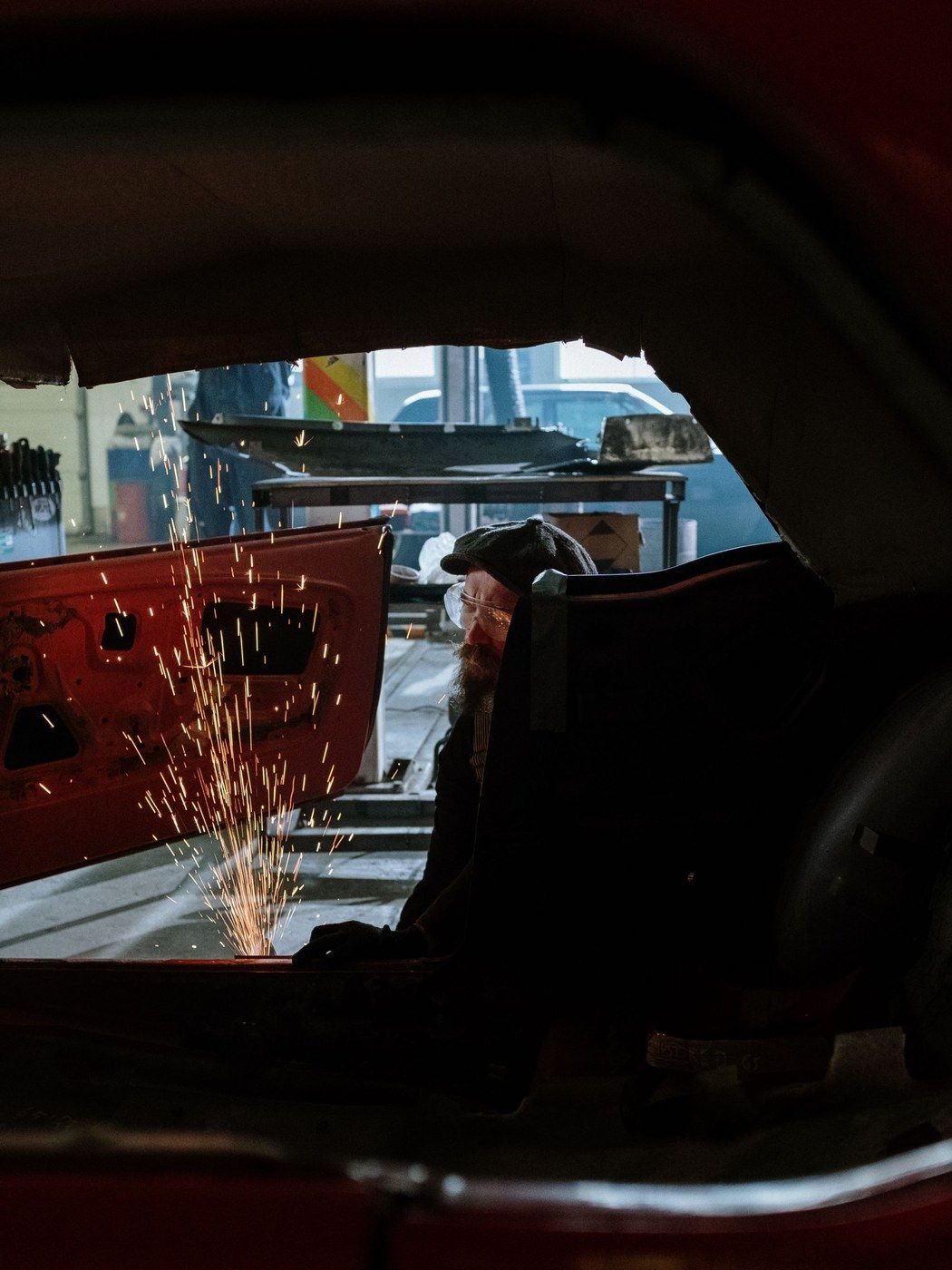 Welding sparks seen through a car window